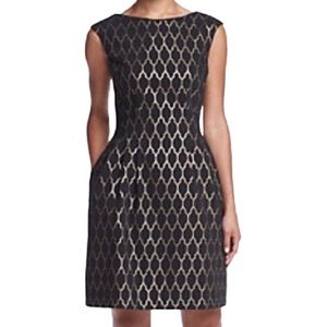 Vince Camuto Black & Gold Geometric Print Classic Fit & Flare Dress